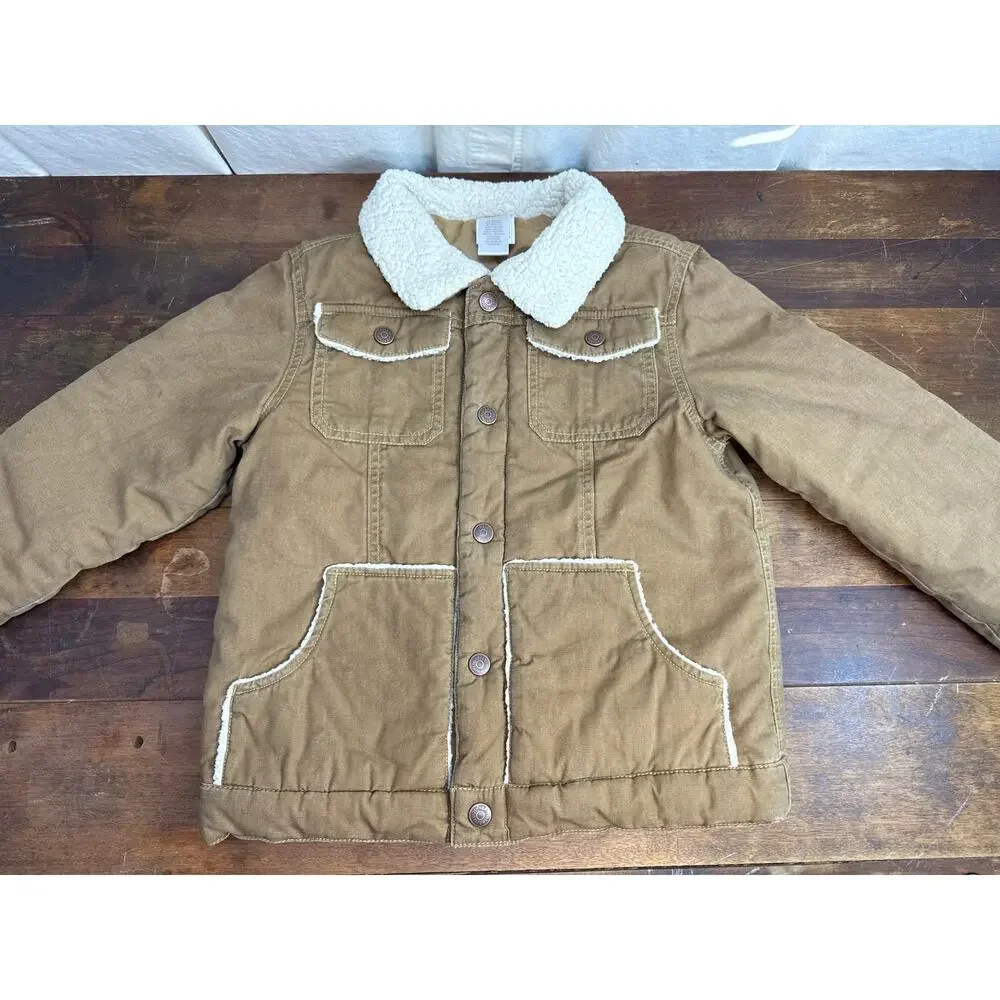 Gymboree Brown Cotton Canvas Sherpa Trim Coat Jacket Boy's Size Medium (7-8)